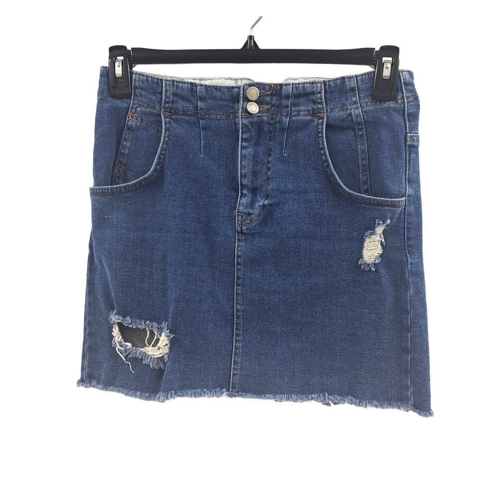 Free People Mini Skirt‎ 6 Distressed Buckle Back Denim Jean Raw Hem Casual Blue